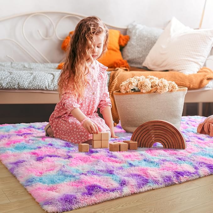 Tepook Soft Rainbow Rug for Girls Room, Cute Fluffy Girls Bedroom Rugs