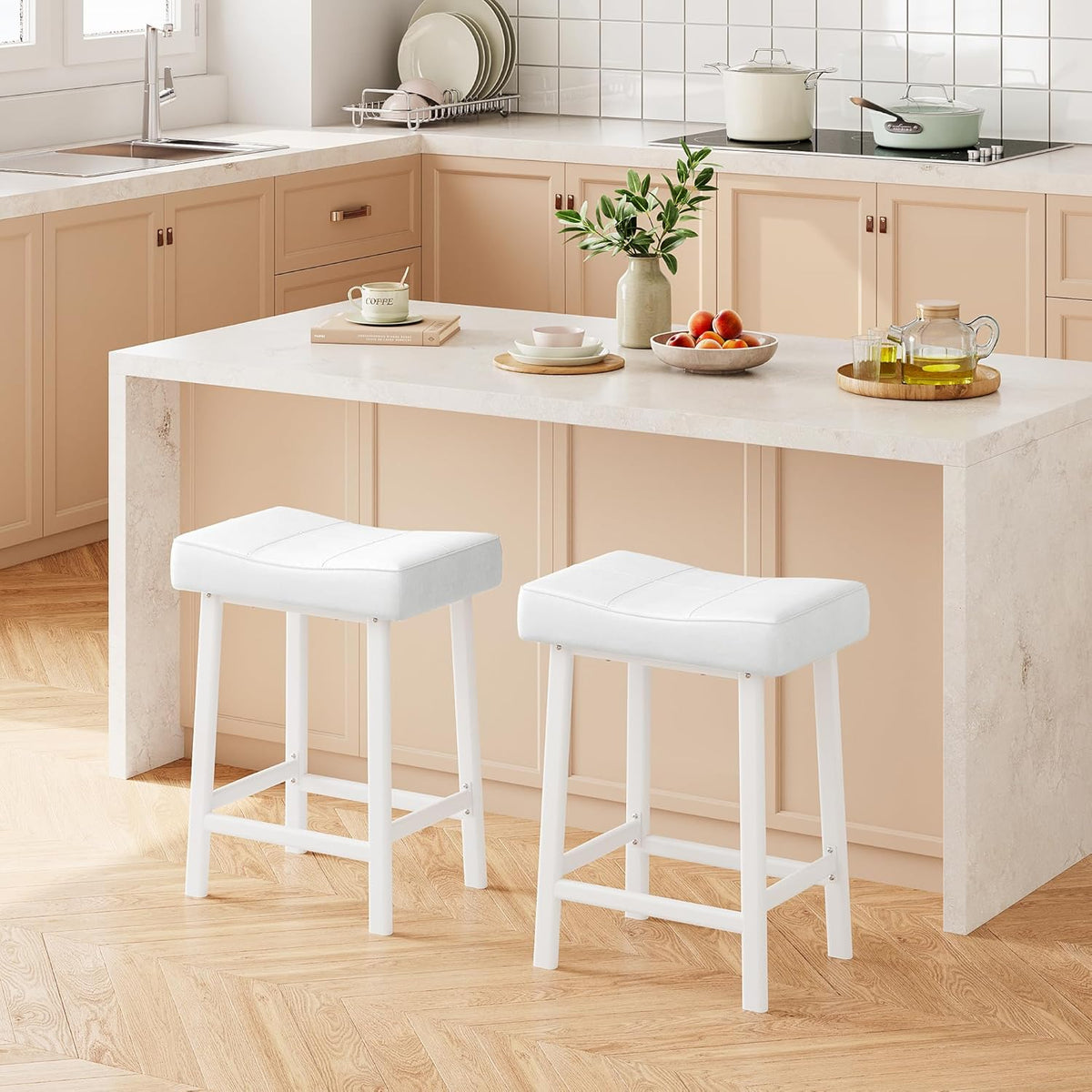 GarveeHome Counter Height Bar Stools Set of 2, 24 Inch Barstools for Kitchen Island Counter, Upholstered Padded Saddle Chairs with Curved Cushion, Easy Assembly, White