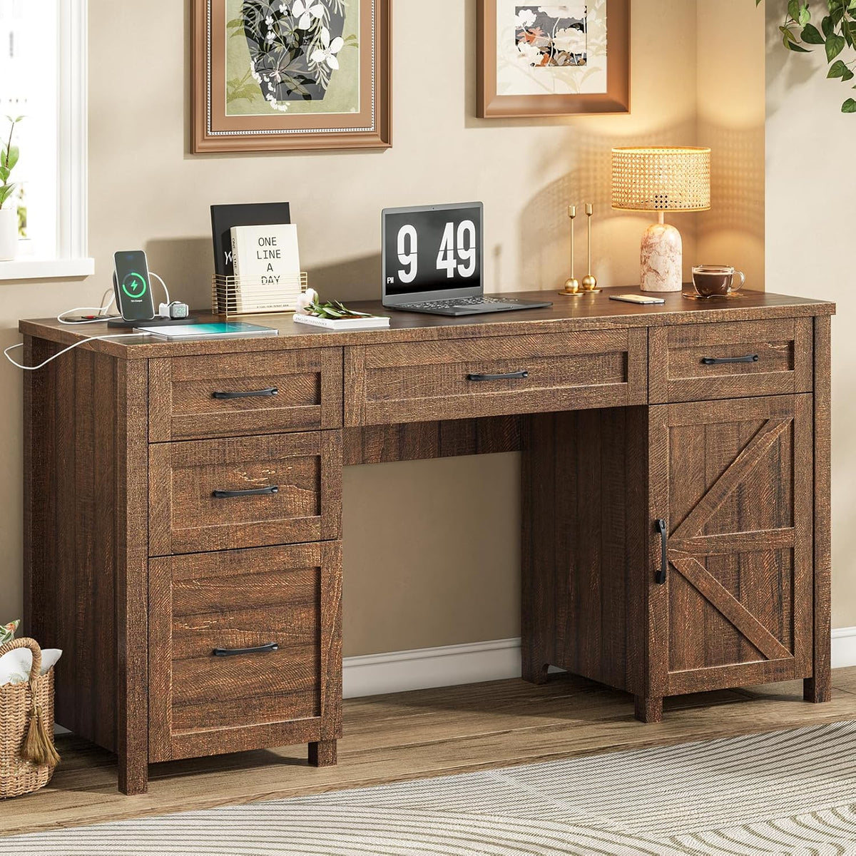 Farmhouse 61'' Executive Desk with 5 Drawers, Rustic Office Desk Computer Desk with Charging Station, File Drawers and Storage Cabinet, Wood Workstation for Study and Home Office, Red-Brown.