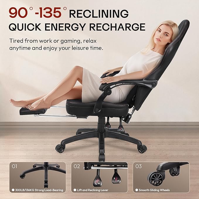Dowinx Gaming Chair Breathable PU Leather Gamer Chair with Footrest Massage Lumbar Support, Big and Tall Ergonomic Reclining Computer Chair with Pocket Spring Cushion for Adults Teens(Black)