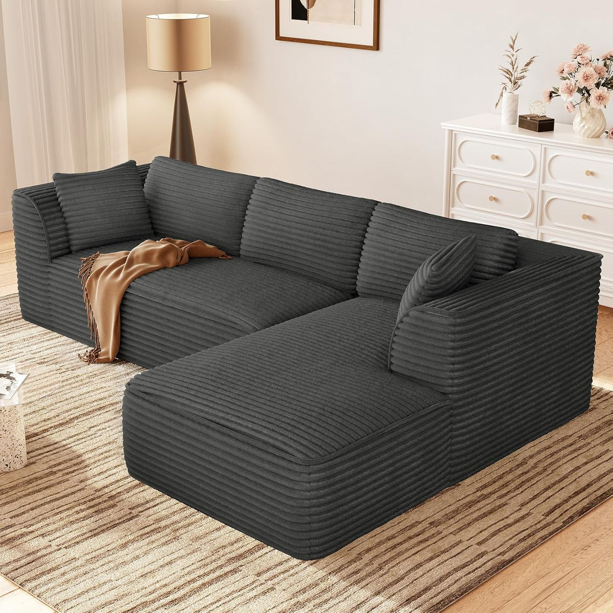 Vesgantti 106" Modular Sectional Sofa with Chaise, Deep Seat Comfy Cloud Couch Corduroy L Shaped Sofa Sectional Couches for Living Room Bedroom, No Assembly Required (Grey, Right-Facing Chaise)