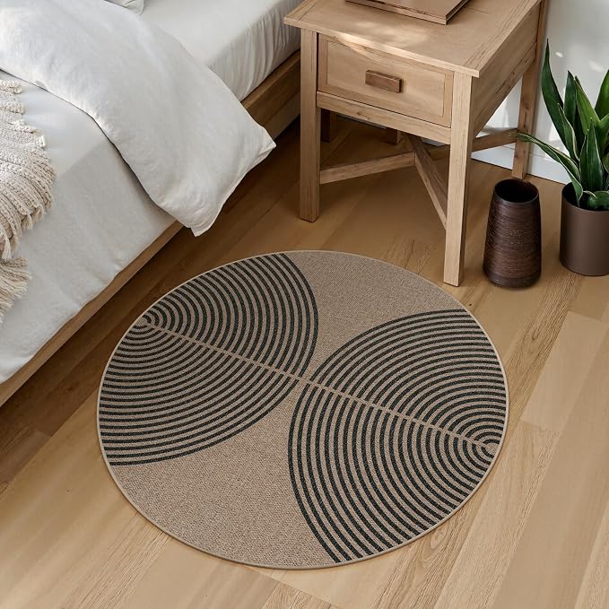 Lahome Enfys Modern Rainbow Round Rug, 3ft Small Washable Circle Carpet Natural