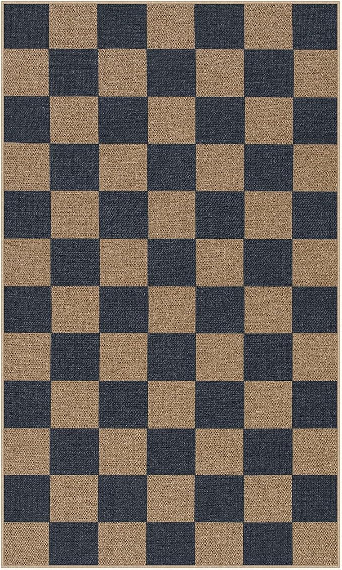 Lahome Colette Checkered Easy Jute Indoor Outdoor Carpet, 3x5 Washable Rugs