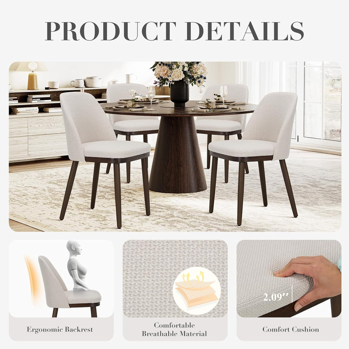 COLAMY Upholstered Dining Chairs Set of 2, Modern Kitchen Chairs with Back, Fabric Side Chair with Wood Legs for Dining Room Kitchen Restaurant, Beige
