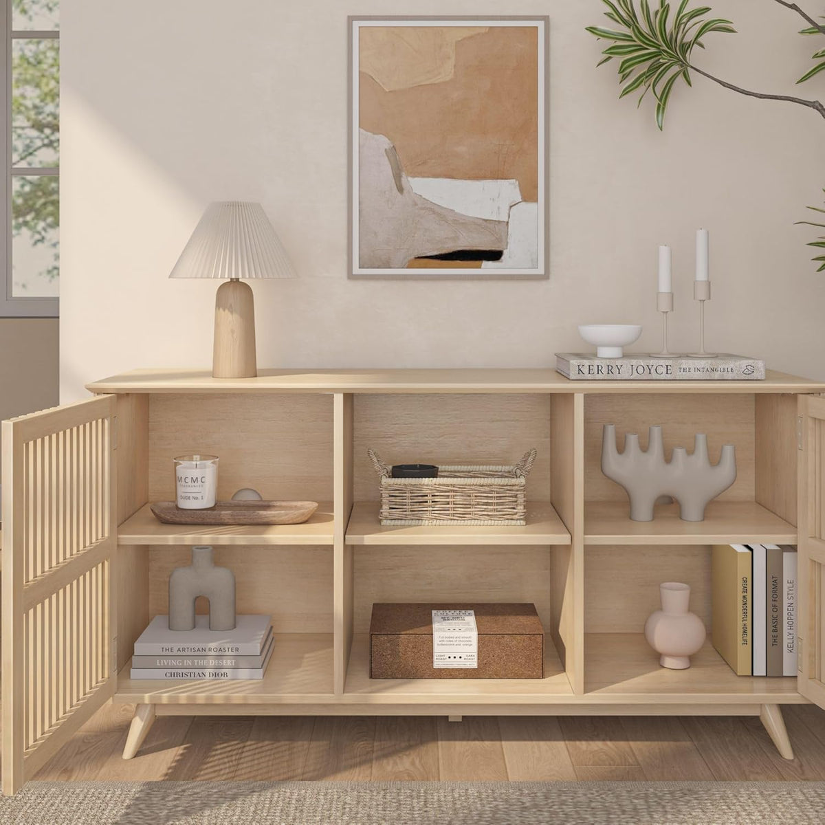 Plank+Beam Mid-Century Modern Wood TV Stand, Solid Wood Entertainment Console with Storage, 59" L x 16" W x 30" H, Blonde