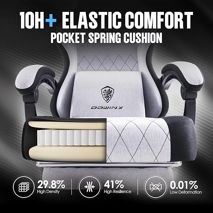 Dowinx Fabric Gaming Chair, Ergonomic Computer Chair with Footrest and Pocket Spring Cushion, Height Adjustable Video Gamer Chair with Lumbar Support for Adults, White Grey