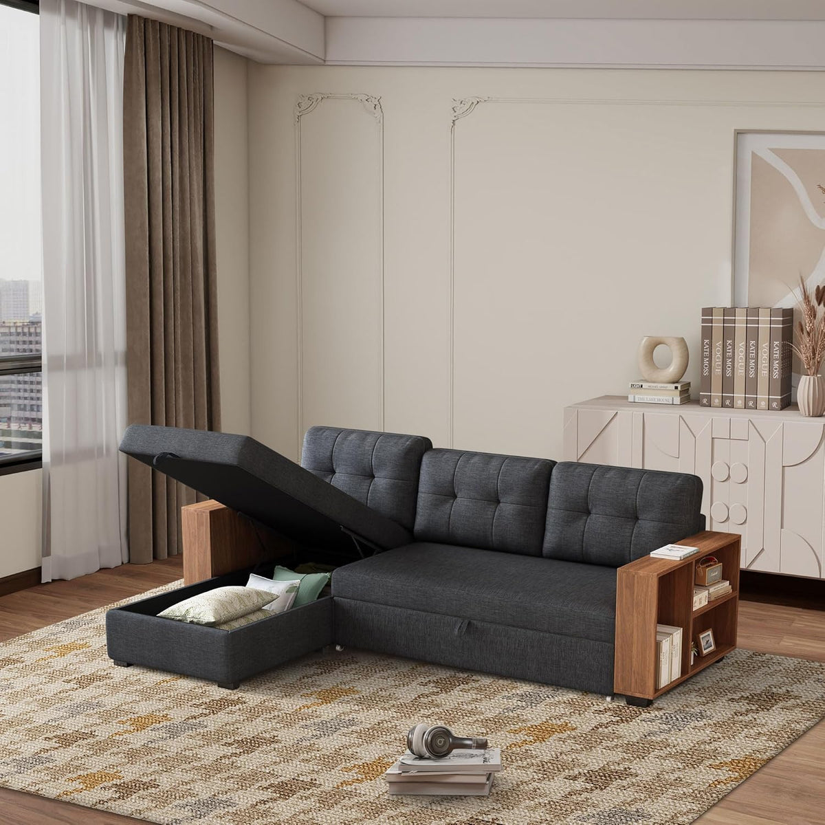 Ball & Cast 84" Sectional Sleeper Sofa with Storage Chaise,L Shaped Pull Out Couch Bed with Wooden Armrests and 3 Removable Back Cushion for Living Room,Apartment,Office,Dark Grey