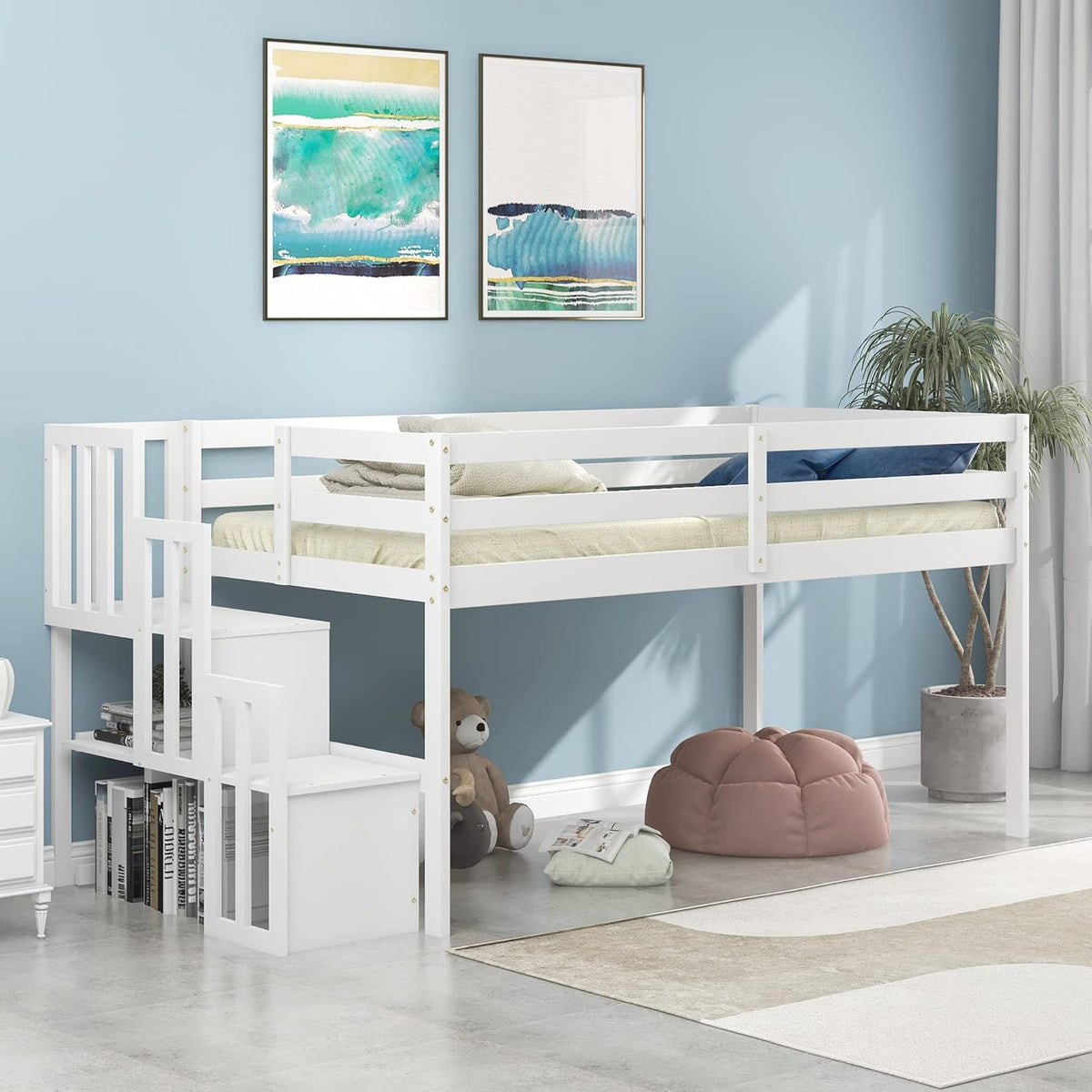 HomSof Loft Bed with Stairs and Storage,White