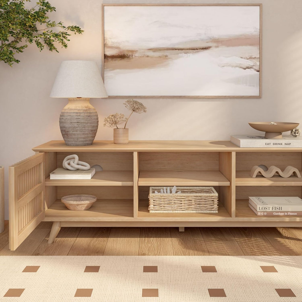 Plank+Beam Mid-Century Modern Wood TV Stand, Solid Wood Entertainment Console with Storage, 59" L x 16" W x 19" H, Blonde