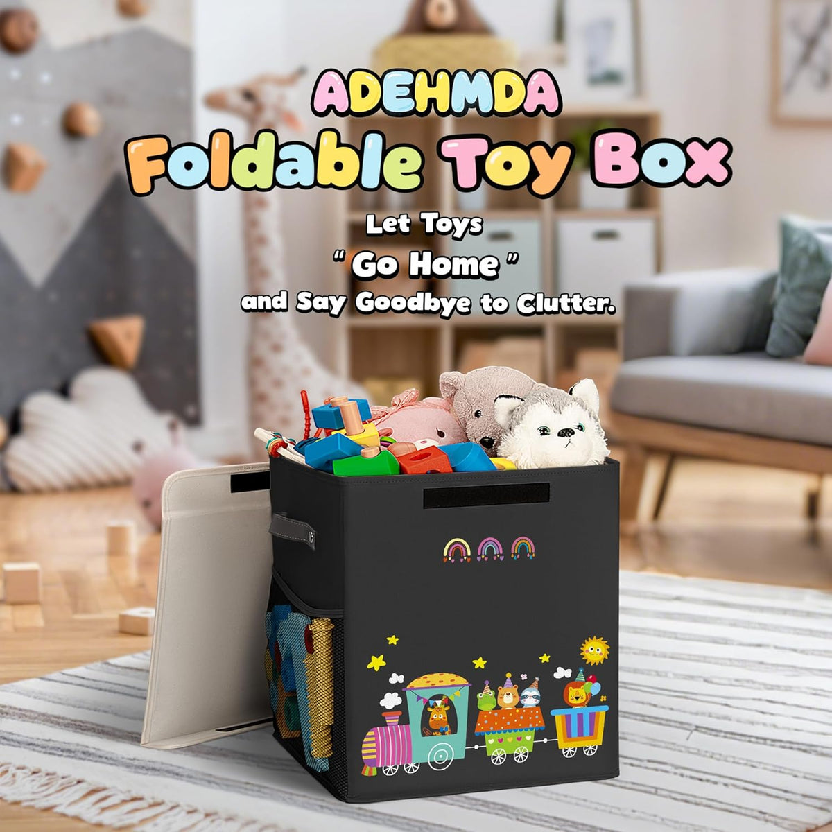 40L Large Toy Storage Box with Lid, Large Toy Box Chest for Kids, Girls and Boys, Nursery Room and Living Room, 13"x13" x16" (black-train)