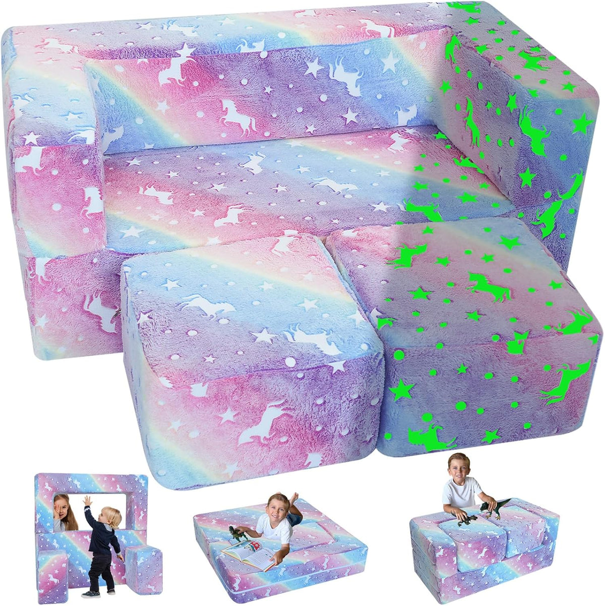 MeMoreCool Glow in The Dark Kids Couch, Rainbow Fold Out Toddler Sofa, Modular Play Couch for Bedroom and Playroom, Baby Sofa Kids Furniture