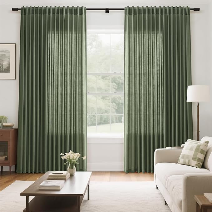 Olive Green Large Window Curtains Light Filtering Semi Sheer Privacy Linen
