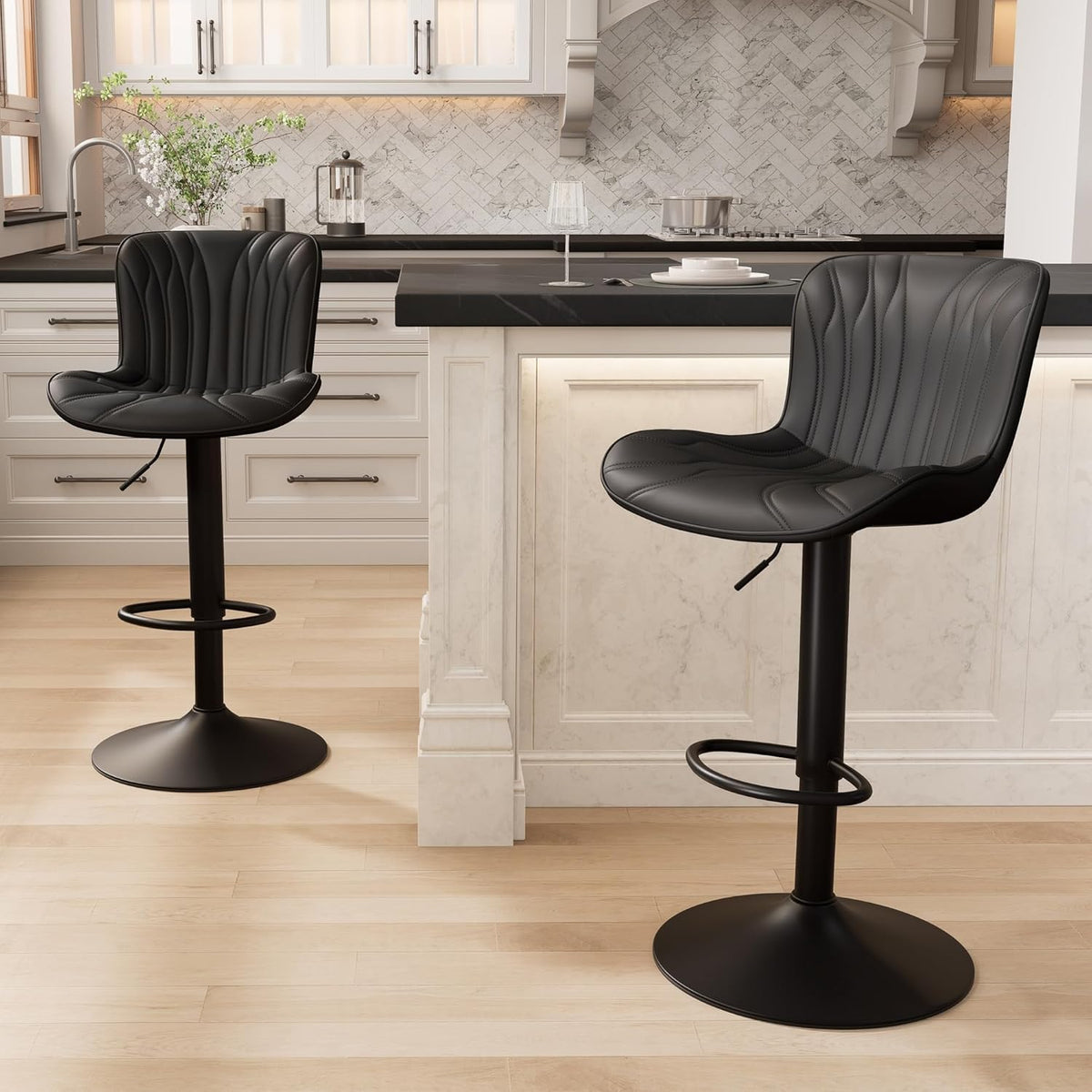 YOUNIKE Black Bar Stools Set of 2 Upholstered Modern Swivel Counter Height Bar Chair with Back Adjustable Kitchen Island Tall Faux Leather Padded Barstools Metal Breakfast