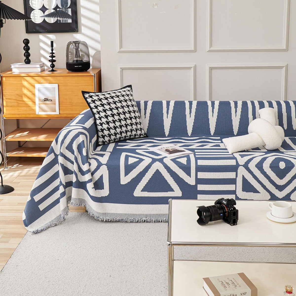 HANDONTIME Boho Couch Covers for Sofa Chenille Sofa Covers Washable Sectional Sofa Cover Blanket Geometric Reversible Couch Cover for L Shaped Couch Couch Protector for Dogs, 71" X118", Denim Blue