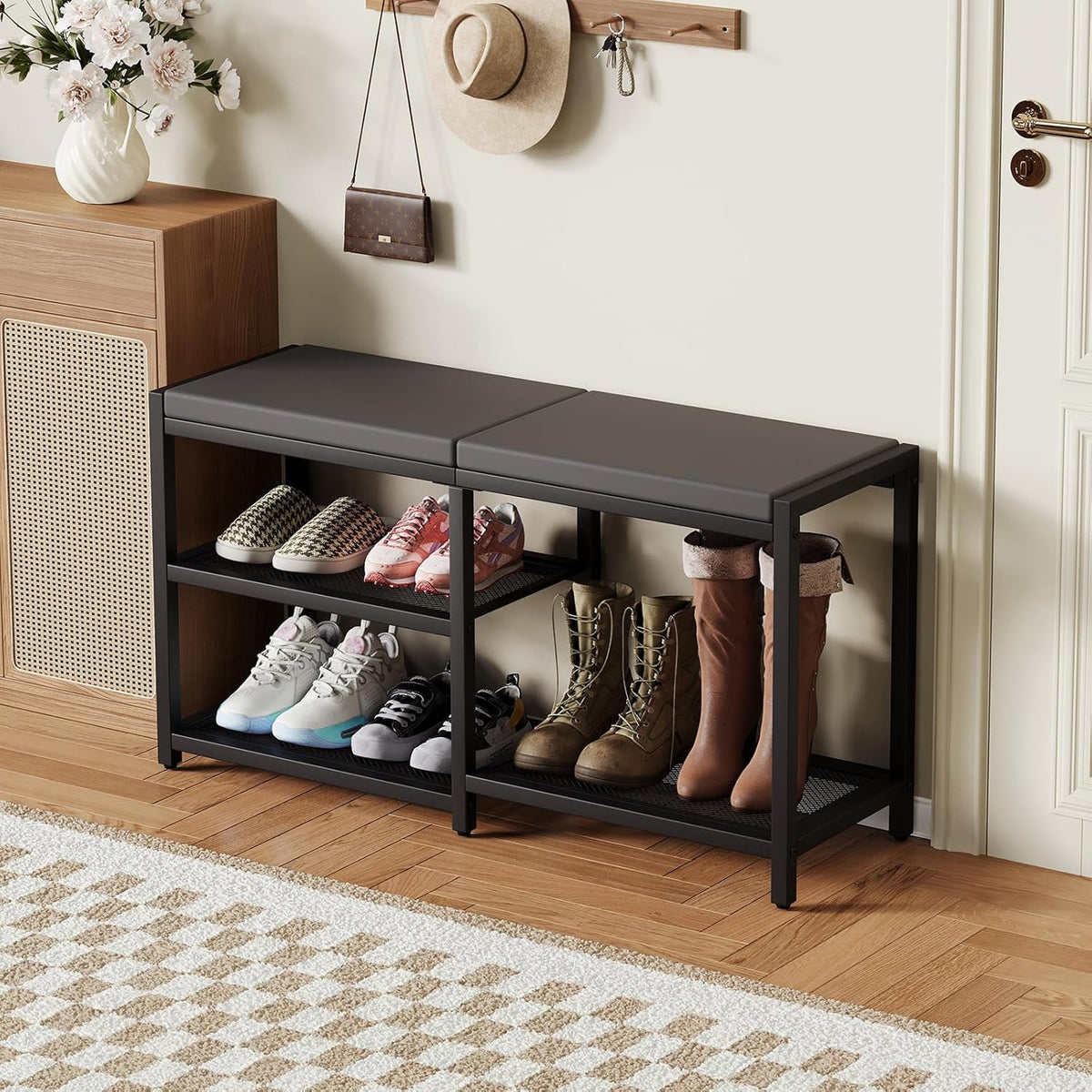 ZHOOGE Shoe Bench & Rack Storage Bench - Entryway Bench with Seat Cushion, Stable Organizer for Entryway & Living Room, Holds Up to 300 lb, (35" L x 12" W x 17" H, Black)