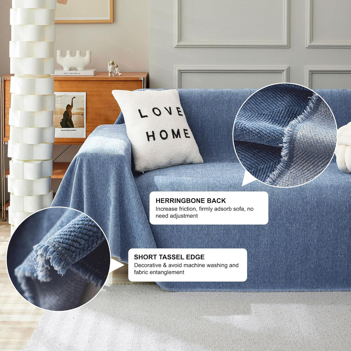 STACYPIK Thick Blue Sofa Covers Couch Covers for Dogs Herringbone Jacquard Couch Covers for 3 Cushion Couch Non-Slip Sectional Covers Protector Loveseat Couch Cover Pet Blanket Cover-71x134IN