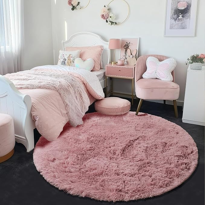 Amdrebio Blush Fluffy Round Rug 4Ft