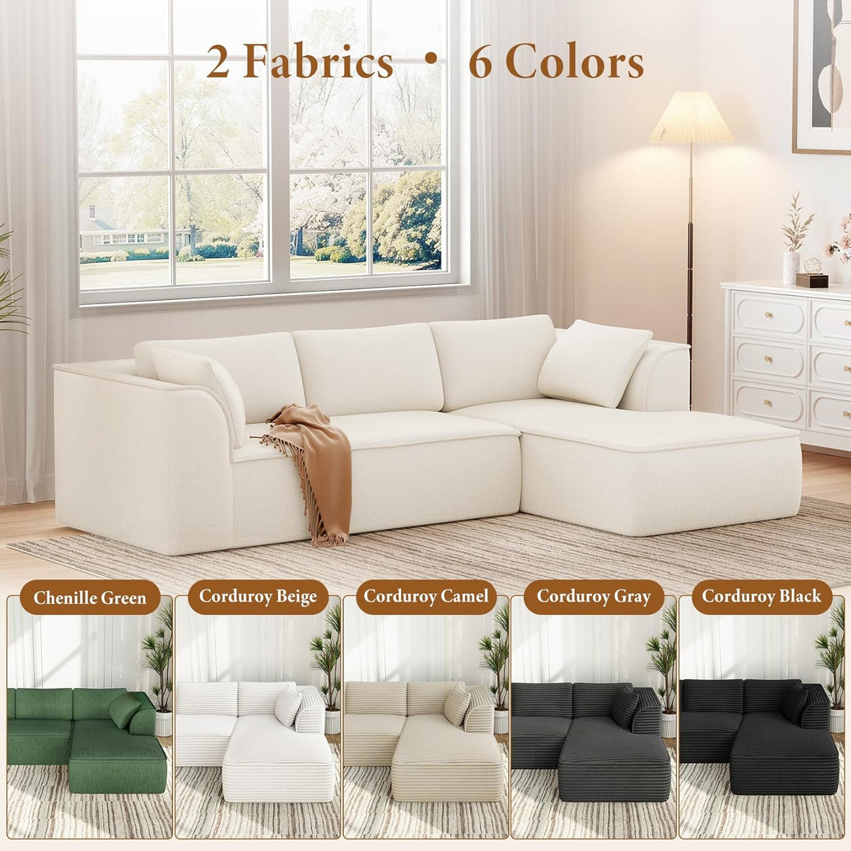 Vesgantti 106" Cloud Sectional Couch with Chaise, Deep Seat Modular Sectional Sofa Chenille Memory Foam Sofa Boneless Couches for Living Room Bedroom, No Assembly Required (Beige, Right-Facing Chaise)
