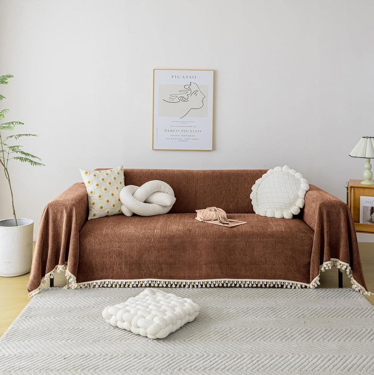 HANDONTIME Boho Style Sofa Cover with Tassels, Washable & Non-Slip Couch Cover for 3 Cushion Sofa, Herringbone Pattern Pet-Friendly Sofa Slipcover, Chocolate Color, 91"x134", Living Room Decor