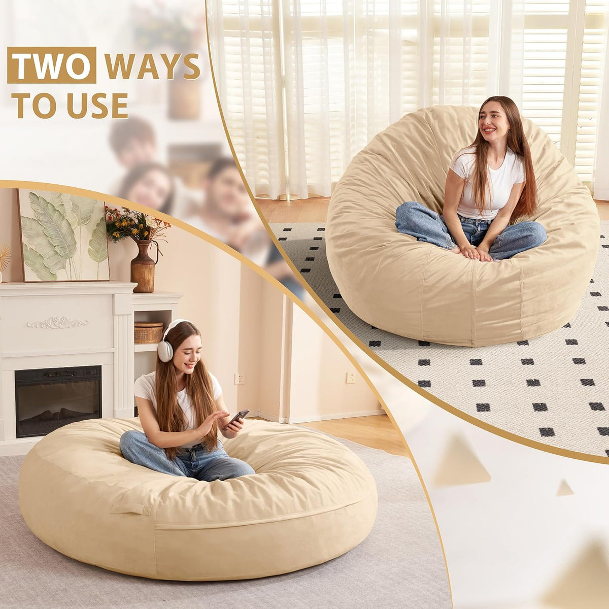 HABUTWAY XX-Large Bean Bag Chair: Giant 7' Memory Foam Furniture Bean Bag Chairs for Adults with Microfiber Cover 7Ft (Khaki)