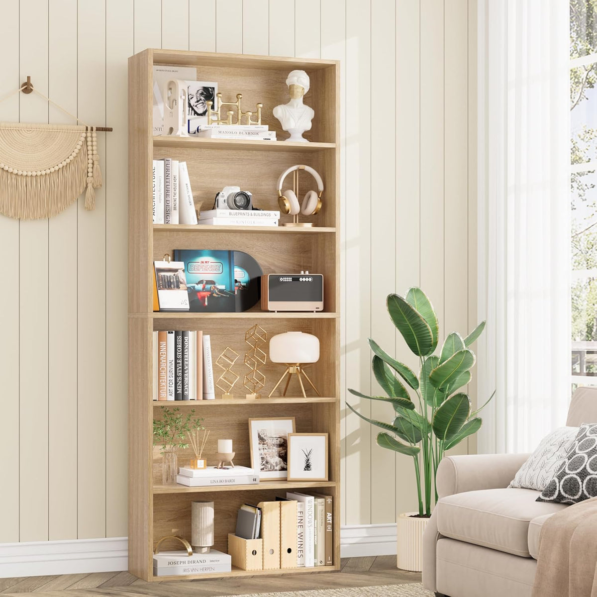 FOTOSOK 6-Tier Open Bookcase and Bookshelf, Freestanding Display Storage Shelves Tall Bookshelf Bookcase for Bedroom, Living Room and Office, Light Oak