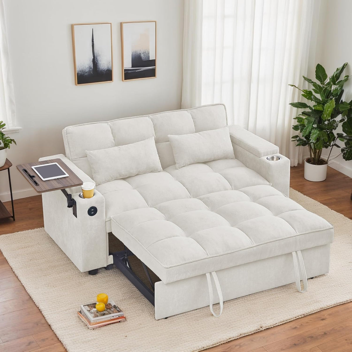 65-inch Multifunctional Loveseat Pull Out Sleeper Sofabed W/Cupholders, Oversized 3-in-1 Convertible Love Seat with Pull-Out Sleeper Couch Bed, Storage, USB Ports, Side Table for Living Room Bedroom