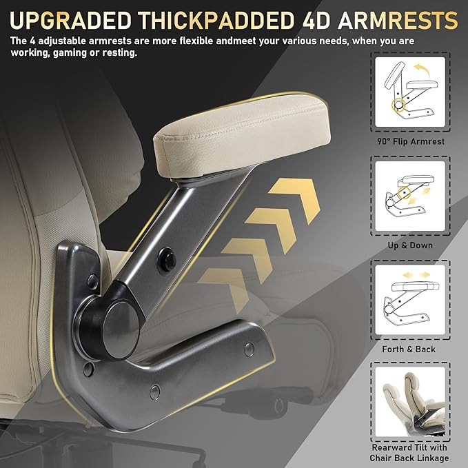 DYHOME 700LBS Heavy Duty Office Chair with 4d Armrest, Big and Tall Office Chair, Ergonomic Computer Chair with Airbag Lumbar Support, Wider Thicker Seat Cushion, PU Comfy Office Desk Chairs, Beige
