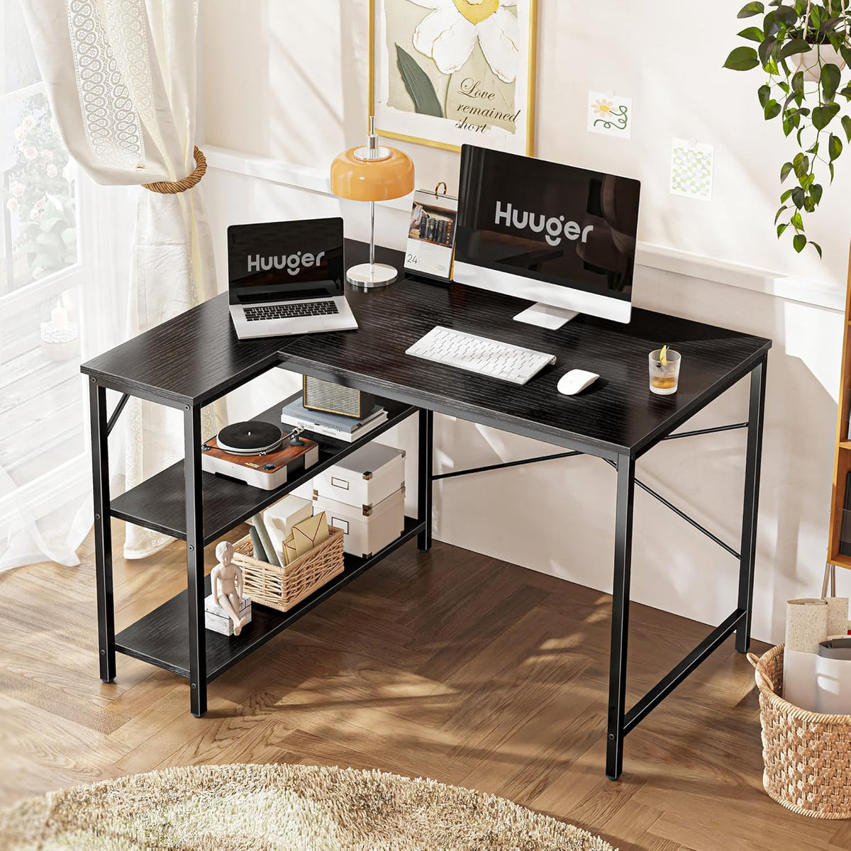 Huuger L Shaped Desk, 39 Inches Computer Desk with Reversible Storage Shelves, Gaming Desk, for Corner Home Office Writing Study, Metal Frame, Black