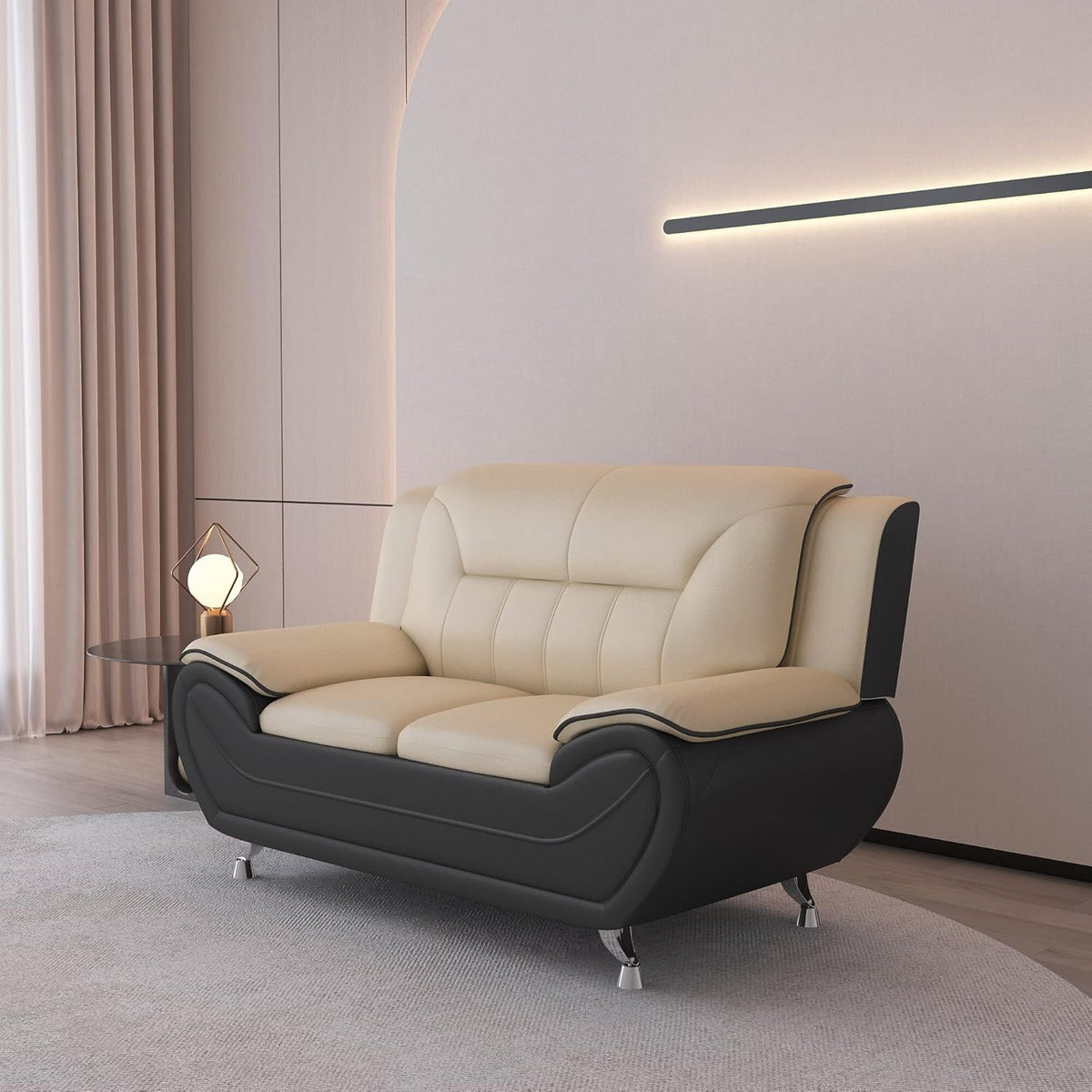 Container Furniture Direct Michael Modern Faux Leather Upholstered Stainless Steel Legs Living Room Loveseat, Black Camel