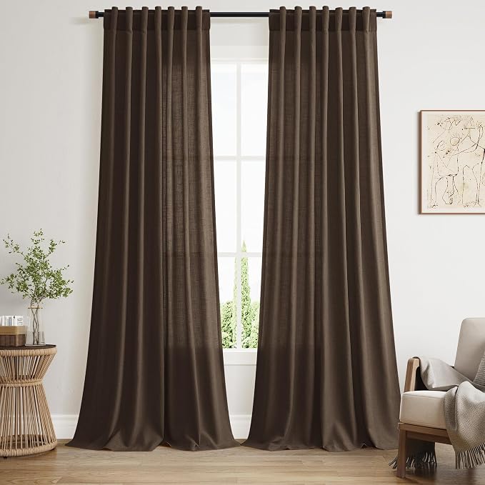 Nanspring Chocolate Linen Blend Light Filtering Back Tab Curtains 96 Inches Long