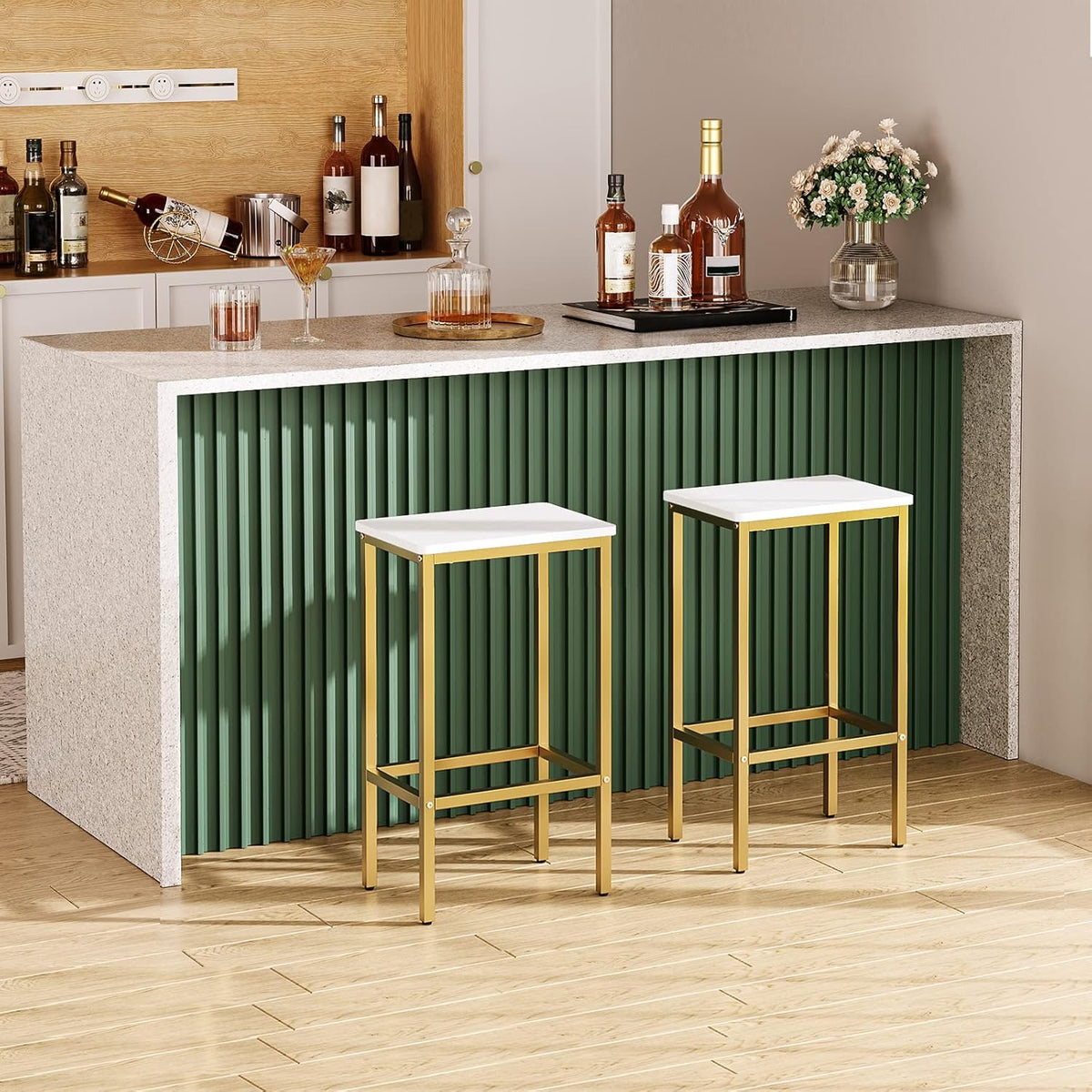 Bar Stools, Set of 2 Bar Chairs, Kitchen Breakfast Bar Stools with Footrest, 25.8-Inch Height, Rectangular Industrial Stools, for Dining Room, Easy Assembly, White and Gold BAJW0101