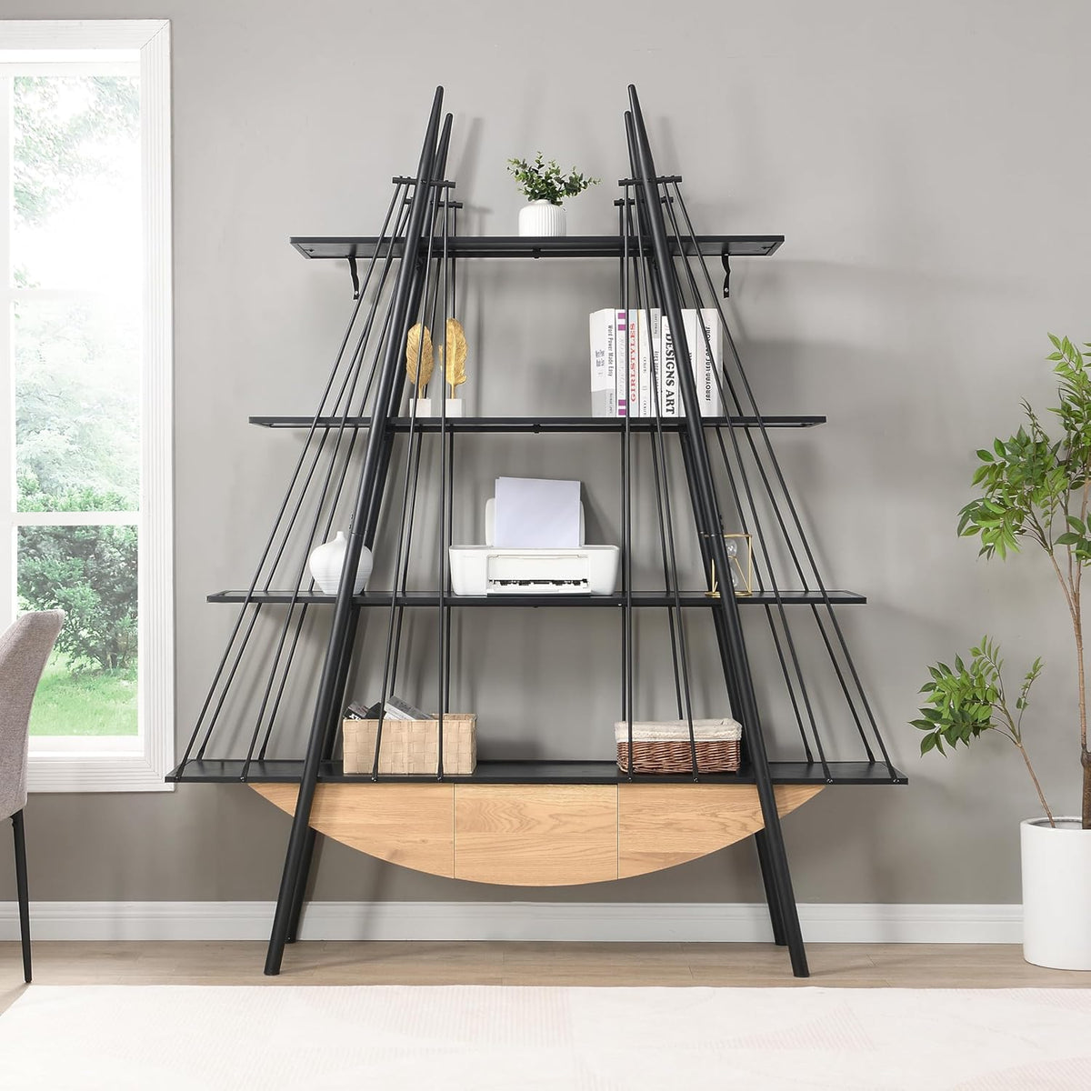 4 Tier Modern Boat-Shaped Bookshelf with Drawer, Black & Natural, 84.3" Tall Vertical Ladder Shelf for Storage Display Decoration, Sturdy MDF & Metal Industrial Frame, for Bedroom, Office