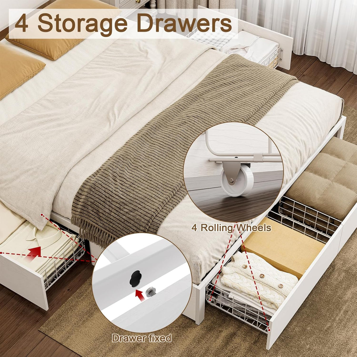 King Bed Frame with 4 Storage Drawers Bed Frame King Size with Headboard LED Lights Charging Station Metal Slats Platform Heavy-Duty Support No Box Spring Needed White