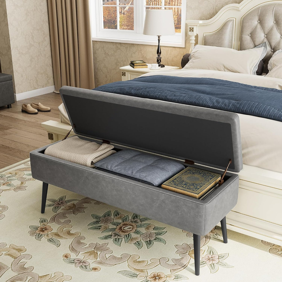 GarveeHome Storage Ottoman Bench, Mid-Century Modern Entryway Bedroom Bench, Synthetic Leather with Stitching, Safety Hinges, Loads 680 Lb, Grey
