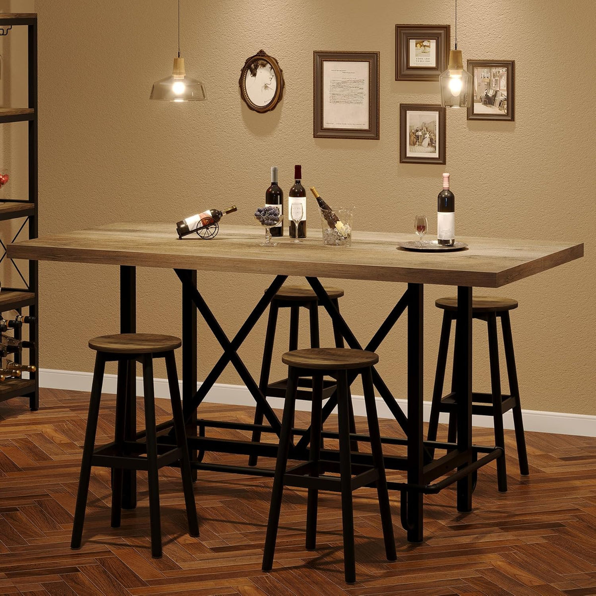 Tribesigns Bar Table, Industrial Counter Height Pub Table with Metal Footrest, 63-Inch Rectangle Wood Kitchen Dining Table with Sturdy Metal Frame for Dining Room, Home Bar (Gray)