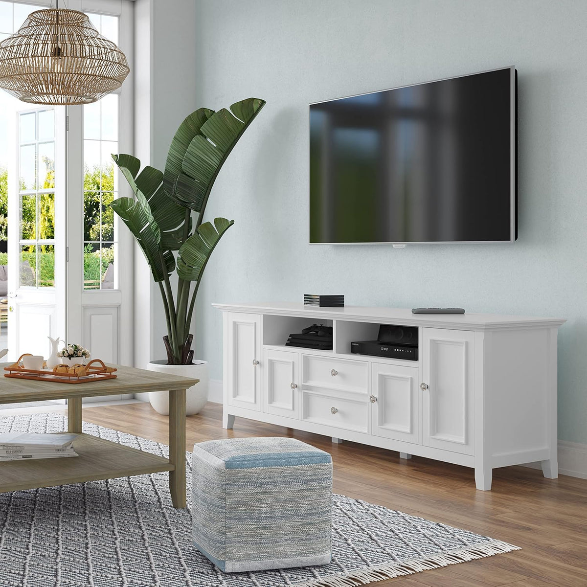 SIMPLIHOME Amherst 72-inch Wide Solid Wood TV Stand in White, Transitional-Style Media Console for Living Room with Cable Management and Adjustable Shelves, Fits 80" TVs