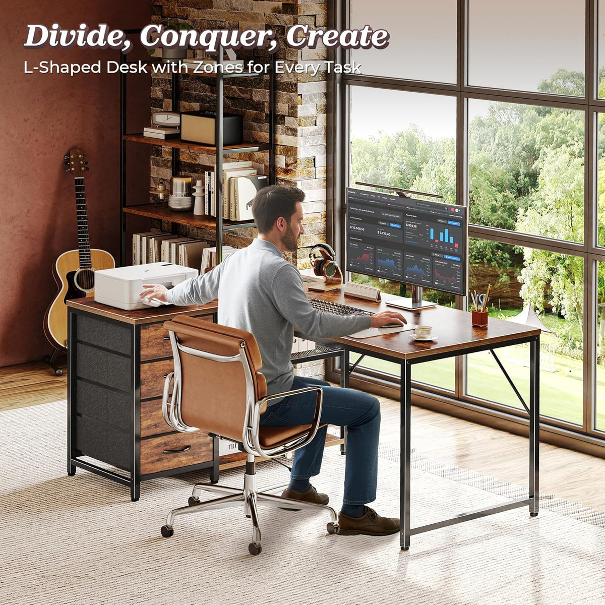 PRAISUN 43.3" Small Computer Desk with Power Outlets and USB-C Port, Reversible L Shaped Corner Office Desk with 4 Fabric Drawers and 2 Height-Adjustable Shelves, for Gaming Writing, Rustic Brown