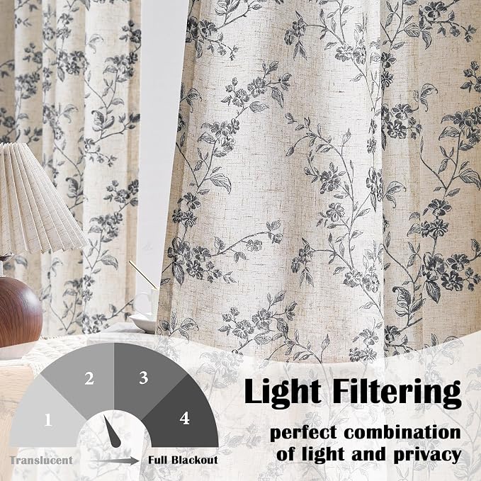 Lazzzy Farmhouse Linen Curtains Black Floral Curtains 90 Inch Length Back Tab