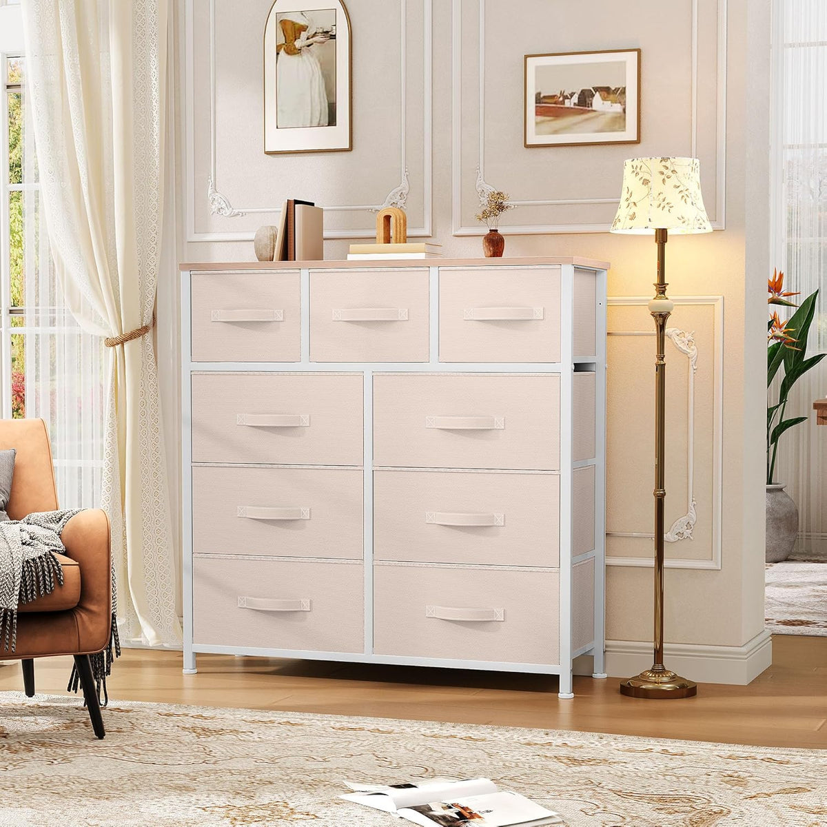 DWVO Dresser with 9 Drawers - Fabric Storage Tower, Organizer Unit for Living Room, Hallway - Sturdy Steel Frame, Wooden Top & Easy Pull Fabric Bins