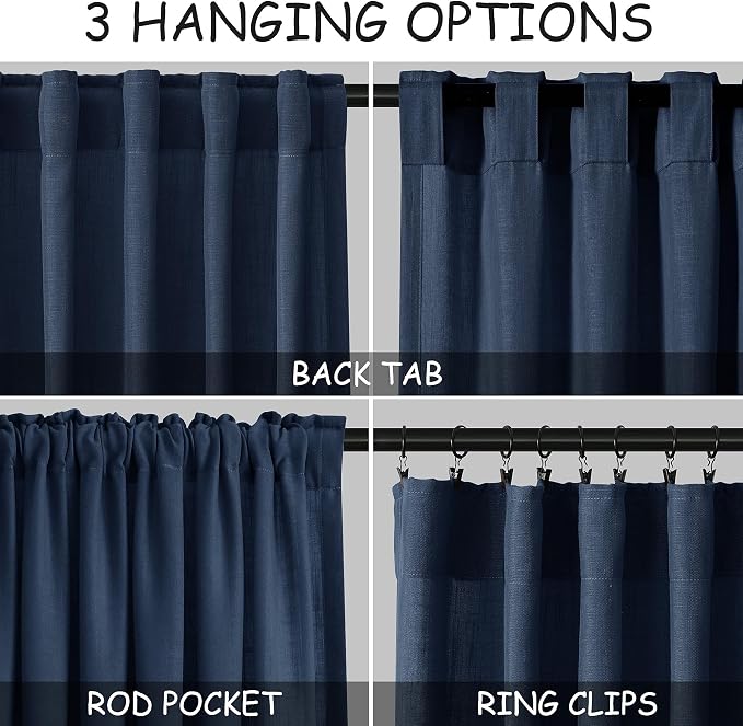 Denim Blue Linen Curtains 102 Inches Long Rod Pocket Back Tab Drapes 2 Panels