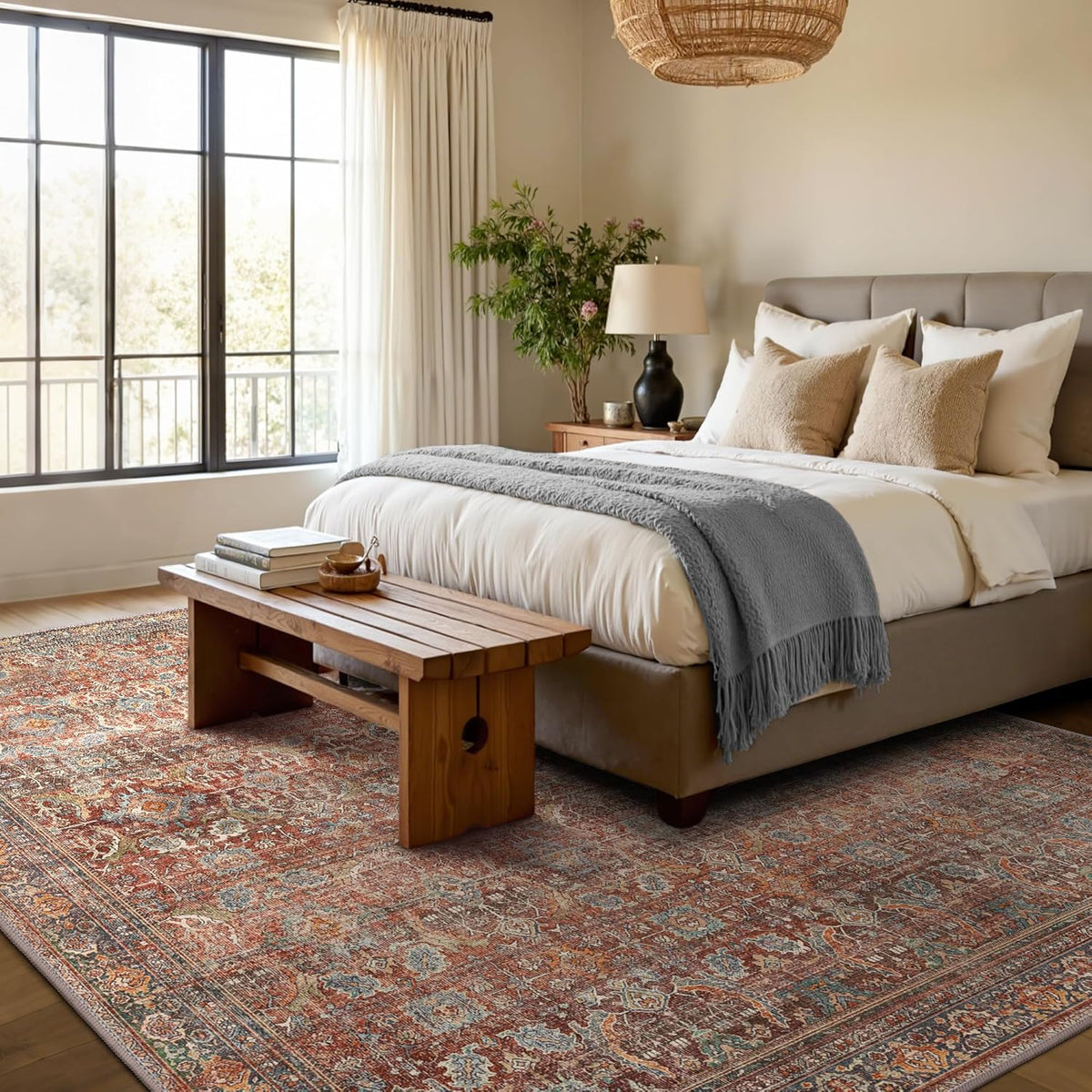 GENIMO 10x14 Area Rugs for Living Room, Machine Washable Non Slip Vintage Rugs, Low Pile Lightweight Chenille Print Rug for Bedroom, Dining Room, Home Office, Terracotta Indigo