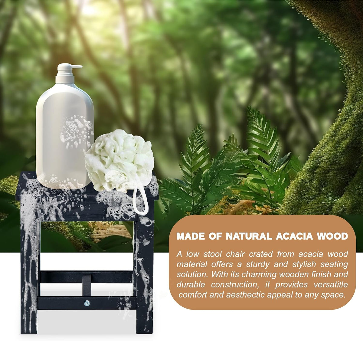 12 Inch Wooden Black Step Stool, Small Nature Beach Chair Under Desk, Indoor Acacia Wood Short Footstool for Living Room, Kitchen, Bathroom