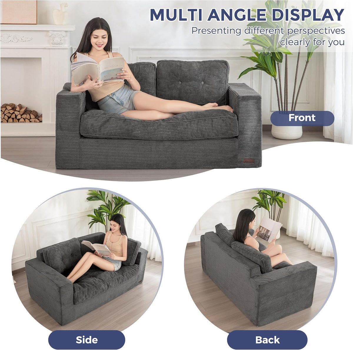 MAXYOYO Bean Bag Chair for Adults, Upholstered Floor Sofa with Armrests, Loveseat Boneless Couch with Tufted Cushion & Backrest, Sofa in A Box, Large Bean Bag Couch for Bedroom Living Room, Dark Grey