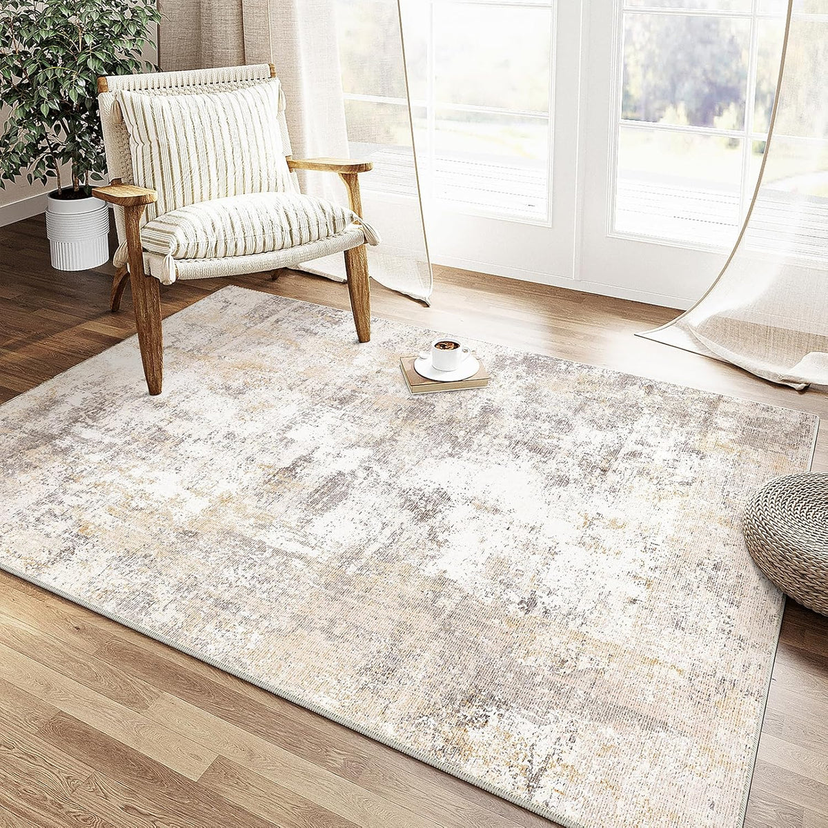 4x5 Washable Area Rug Beige Grey Neutral Abstract Entryway Kitchen Non Slip Low Pile Throw Rug Living Room Bedroom Indoor Doormat Soft Carpet for Entrance Bathroom Office