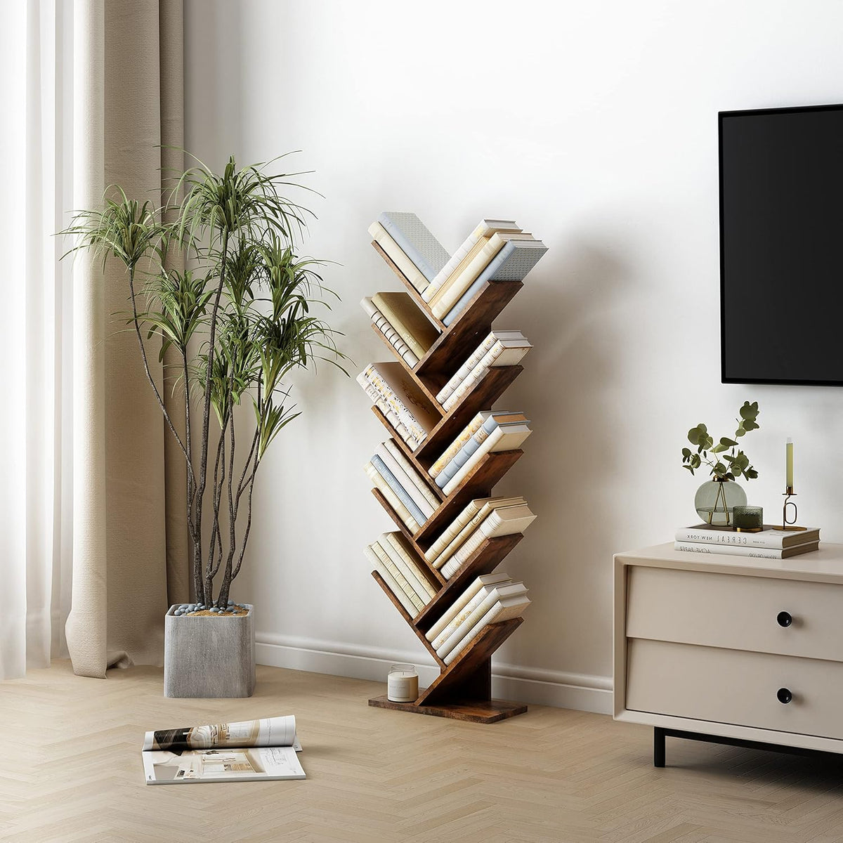 Hoctieon 10 Tier Tree Bookshelf, 10 Shelf Bookcase, Free Standing Tree Bookcase, Display Floor Standing Shelf for Books, Book Organizer Shelves for Home Office, Living Room, Bedroom, Rustic Brown
