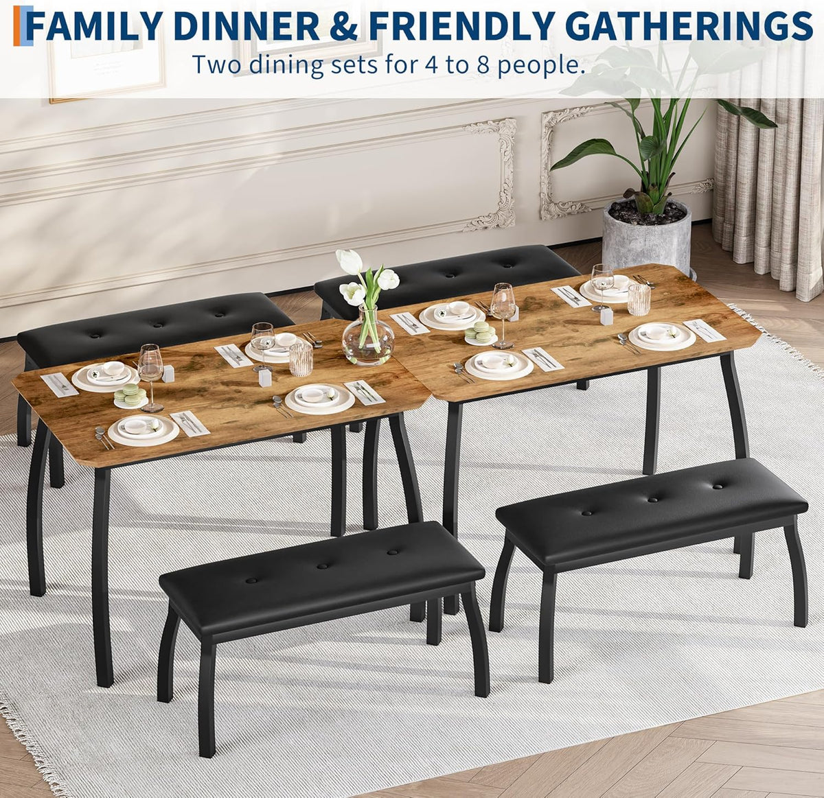 3 Piece Farmhouse Dining Table Set for 4, Compact Rustic Kitchen Table with 2 Padded Benches, Space Saving Breakfast Nook Furniture Set for Small Spaces, Apartments, Vintage