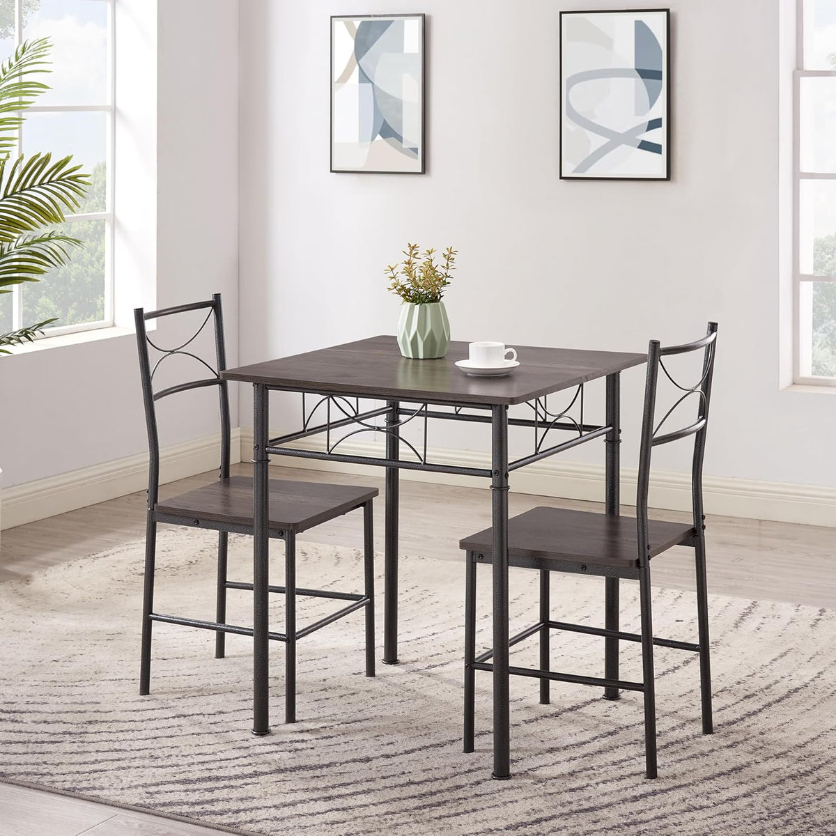 JOIN IRON 3-Piece Metal and Wood Indoor Modern Square Dining Table Furniture Set for Kitchen, Dining Room, Dinette, Breakfast Nook w/ 2Chairs - Gray