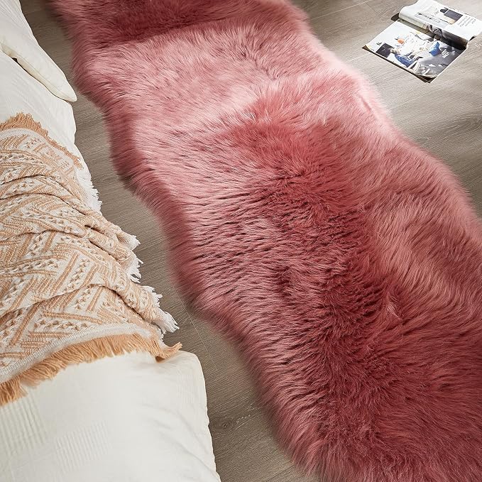 AMTOVO Faux Sheepskin Rug, Blush Pink Ultra Soft Fluffy Shag Area Rug, 2 x 6 ft