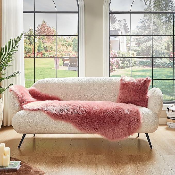AMTOVO Faux Sheepskin Rug, Blush Pink Ultra Soft Fluffy Shag Area Rug, 2 x 6 ft