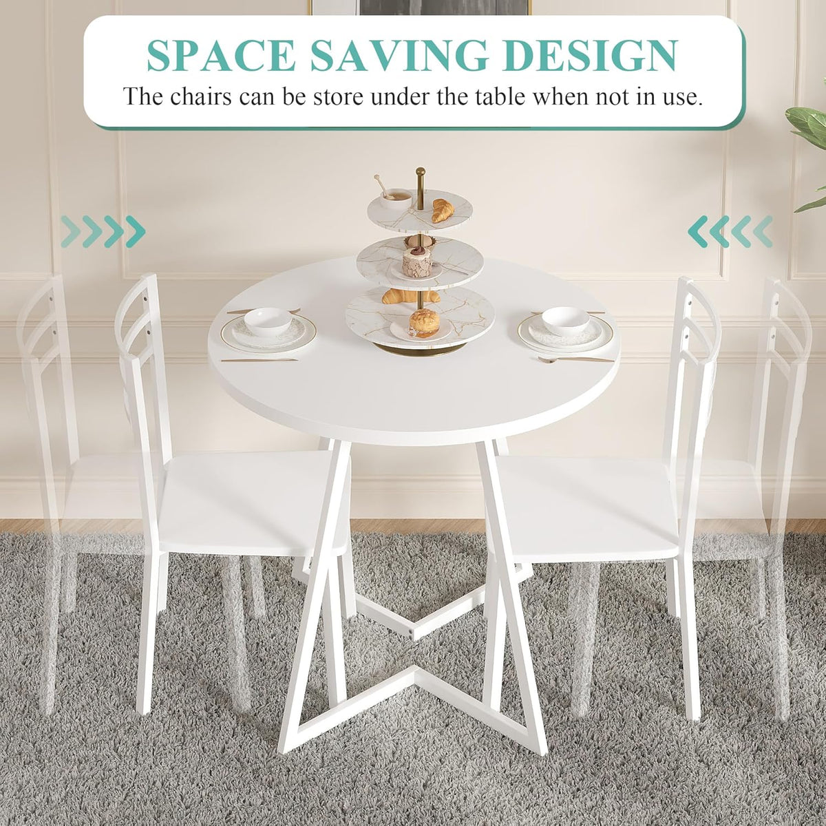 VECELO Small Round Dining Table Set for 2, Wood Tabletop with Strong Metal Frame, Modern Dinette with Chairs for Kitchen, Breakfast Nook Living Room, Pure White